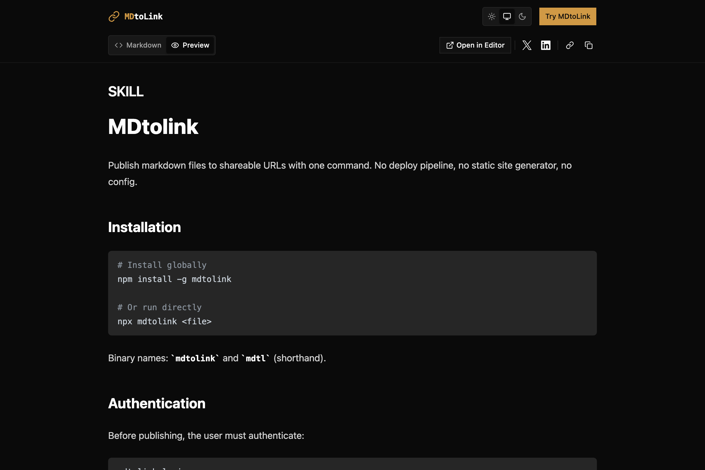 A published markdown document on MDtoLink showing syntax highlighting and clean layout