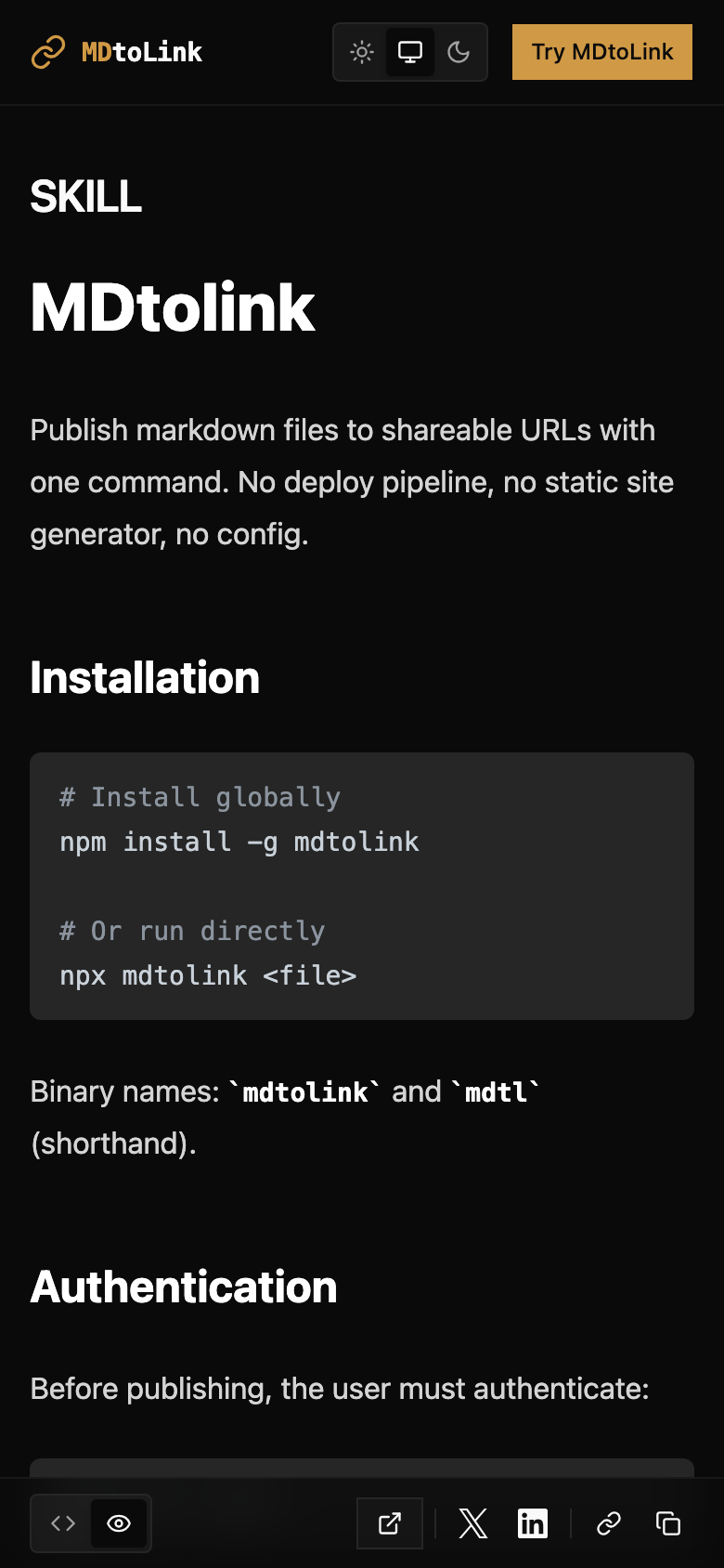 MDtoLink published page on mobile showing responsive layout