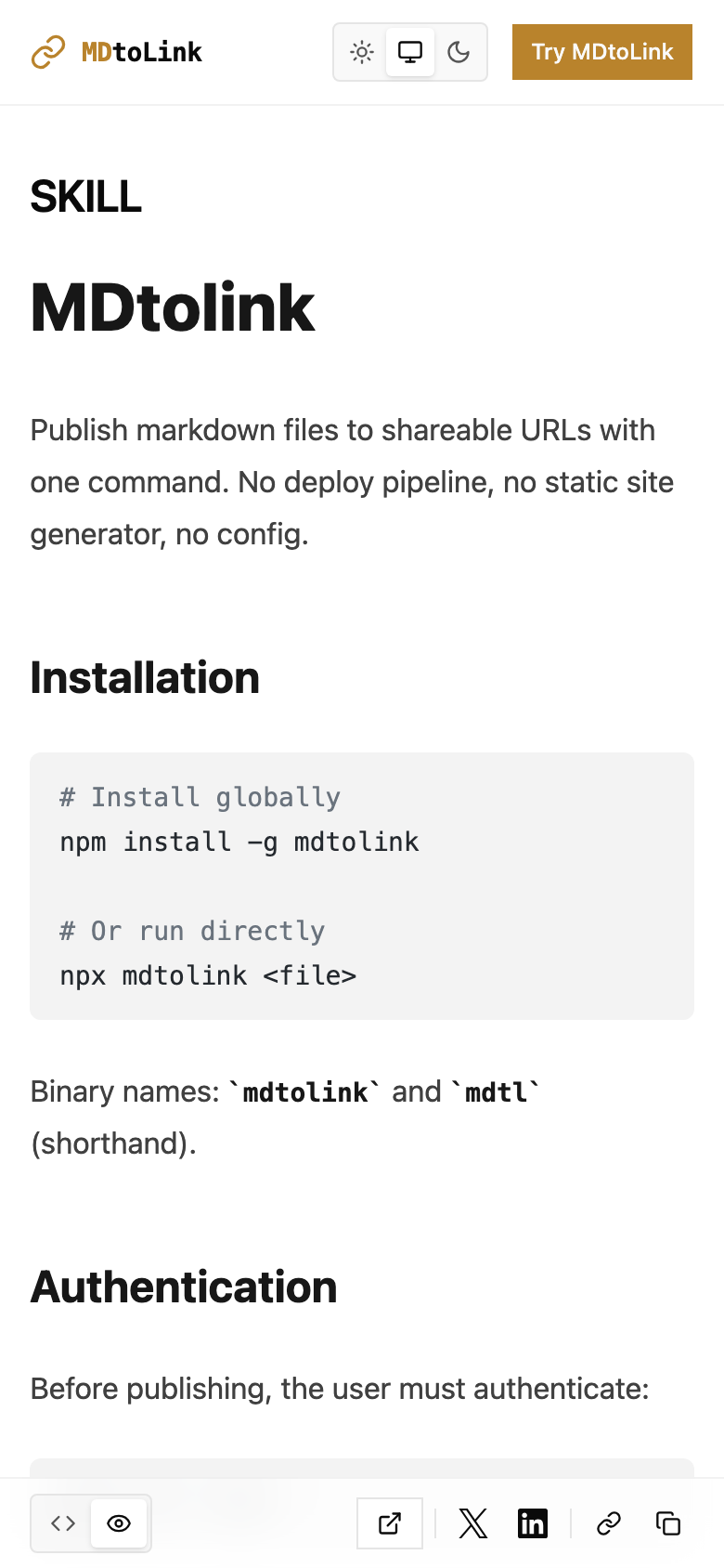 MDtoLink published page on mobile showing responsive layout