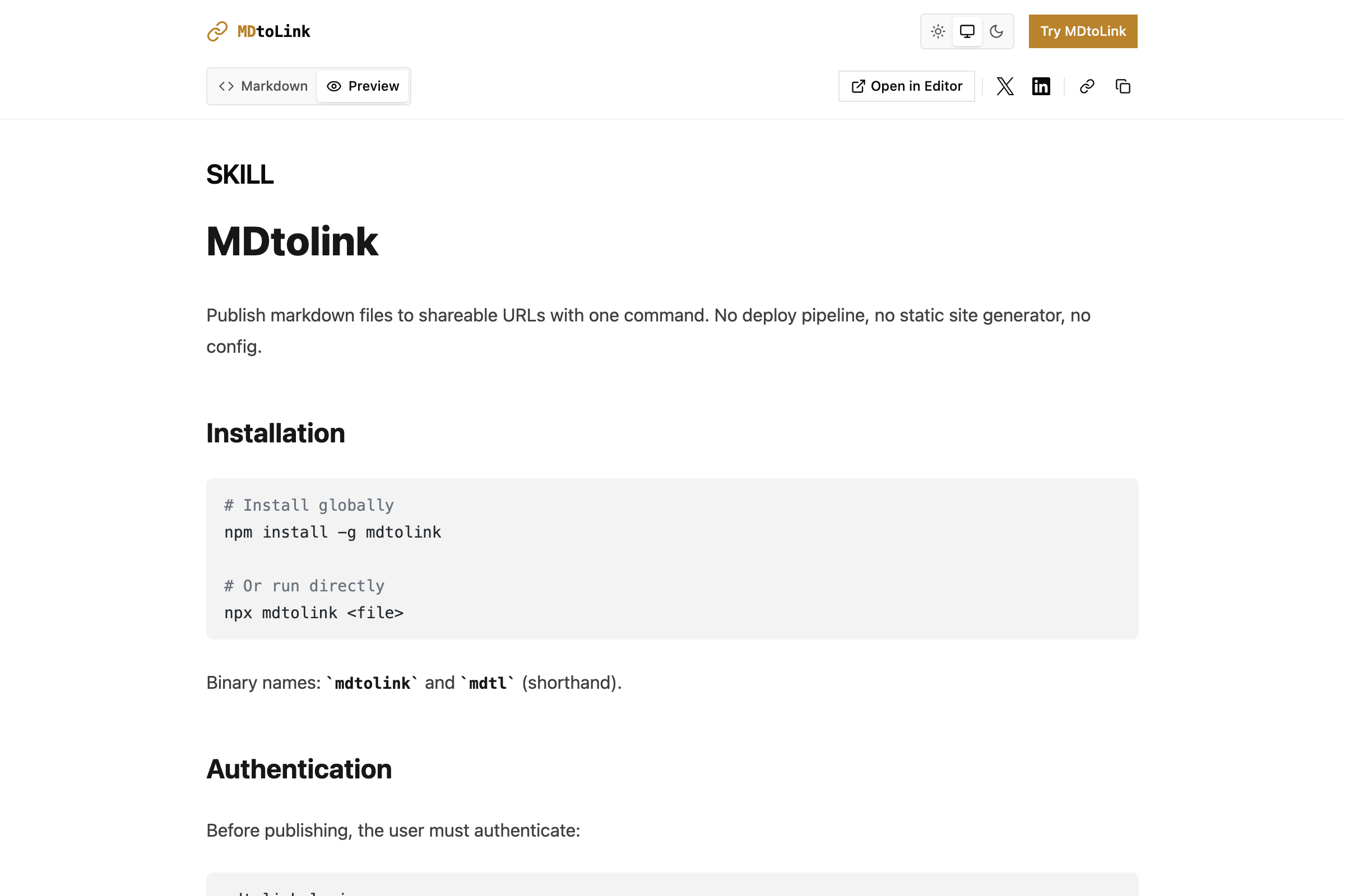 A published markdown document on MDtoLink showing syntax highlighting and clean layout